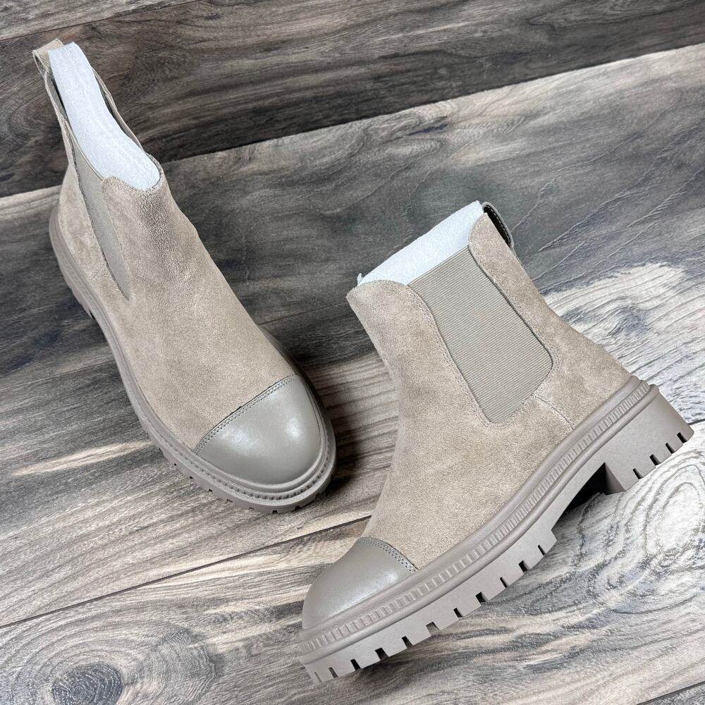 NIB Steve Madden Mayslie 8M Cap Toe Taupe Suede Chelsea Ankle Boots Booties
